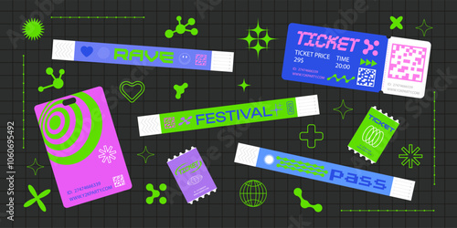 Event ticket for party. Bracelet control design for dances, music festivals. Sticky wristbands pass in Y2K style.