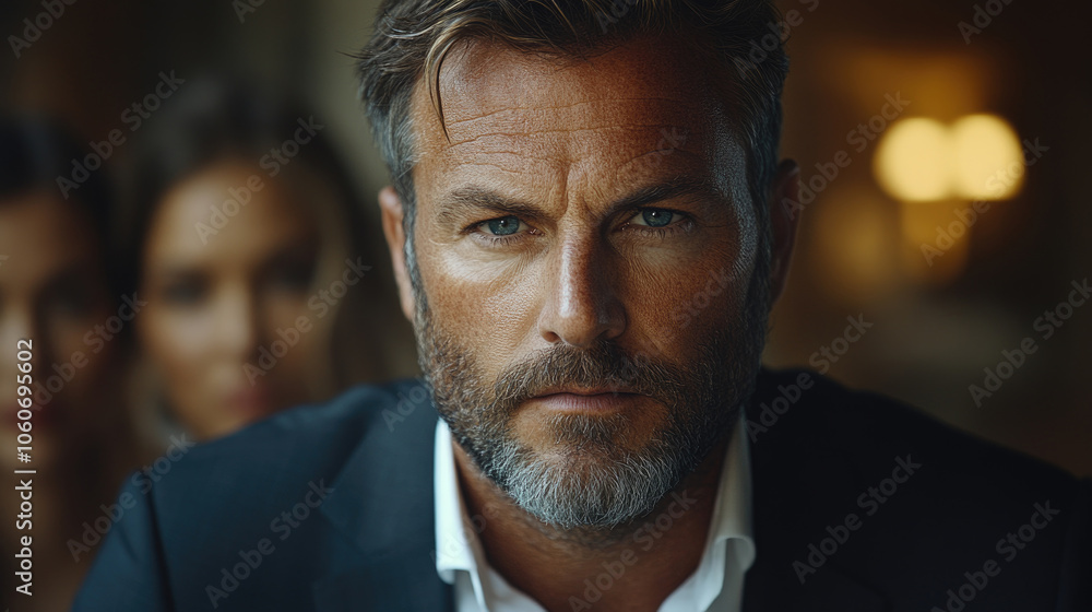 A distinguished man with a beard wears a suit, gazing thoughtfully during a sophisticated gathering at night A distinguished man with a beard wears a suit, gazing thoughtfully during a sophisticated gathering at night
