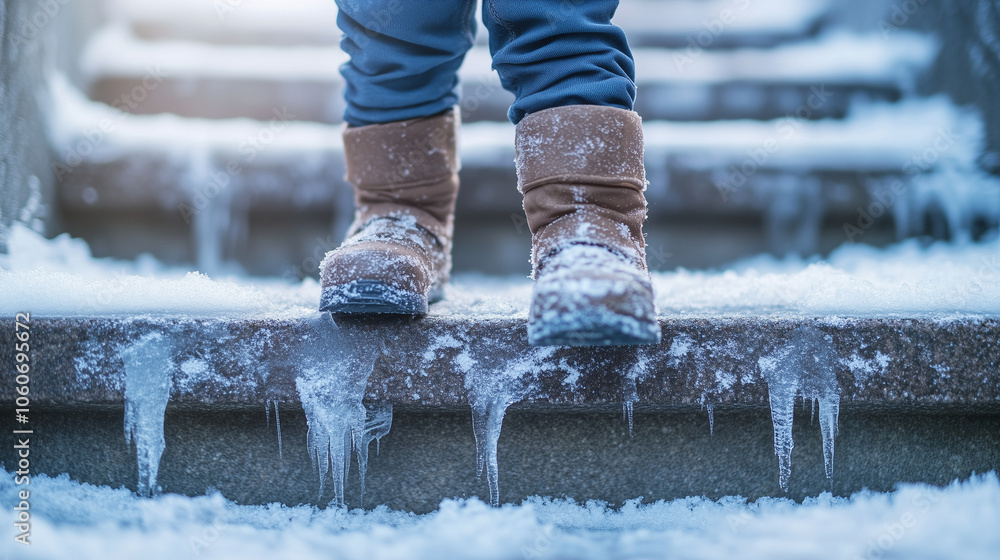 A child tentatively navigates icy stairs while focusing on their footing during a cold winter day A child tentatively navigates icy stairs while focusing on their footing during a cold winter day