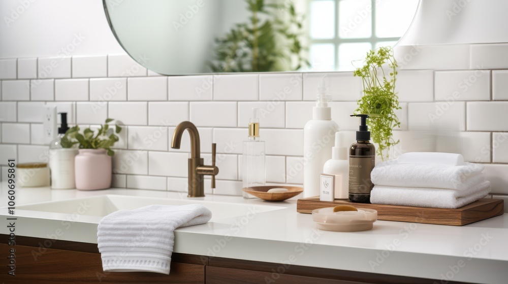 A chic, modern bathroom vanity with elegant toiletries and a botanical touch, radiating cleanliness and style. A chic, modern bathroom vanity with elegant toiletries and a botanical touch, radiating cleanliness and style.