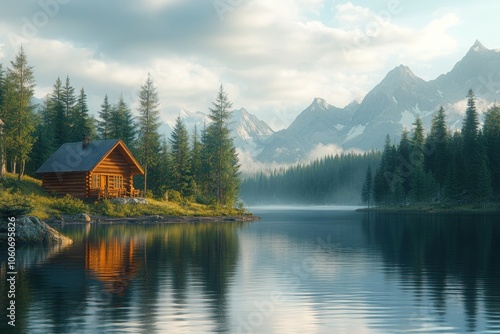 A wooden cabin sits on the shore of a calm lake with a mountain range in the background. The sun is shining and the sky is blue with some clouds.