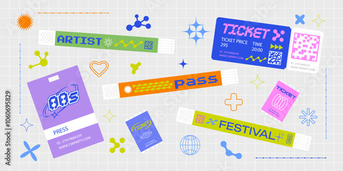 Event ticket for party. Bracelet control design for dances, music festivals. Sticky wristbands pass in Y2K style.
