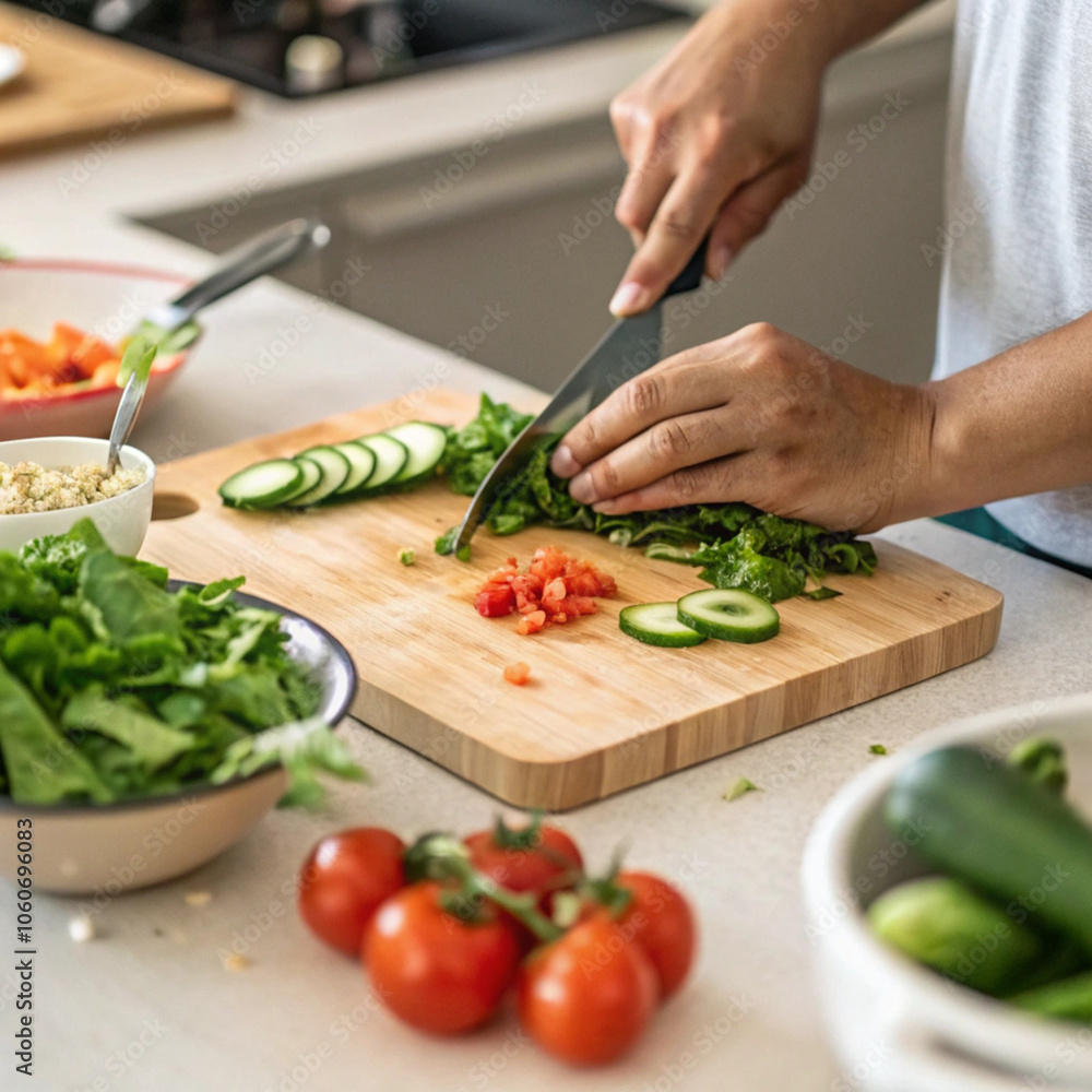 Hands Chopping Vegetables on Wooden Cutting Board Hands Chopping Vegetables on Wooden Cutting Board