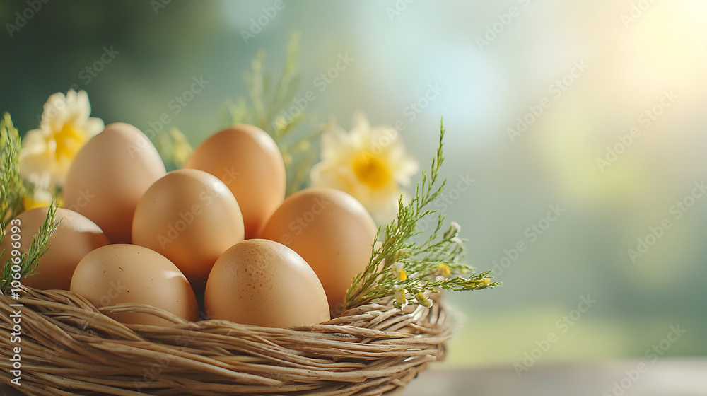 Fresh farm eggs in basket with flowers and greenery, evoking nature beauty Fresh farm eggs in basket with flowers and greenery, evoking nature beauty