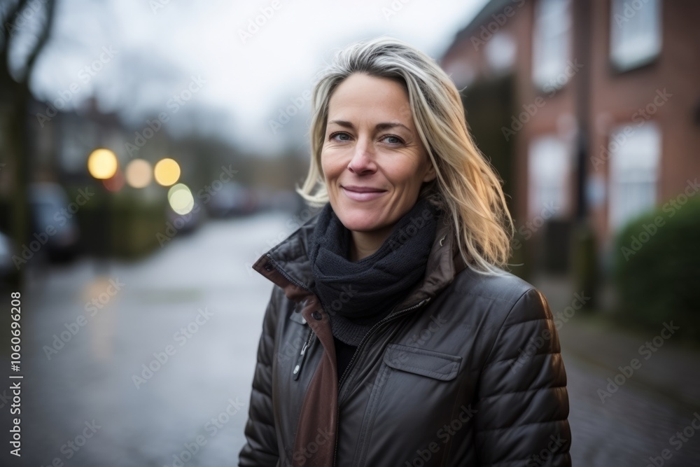 Portrait of a beautiful middle aged woman with short blond hair in the street Portrait of a beautiful middle aged woman with short blond hair in the street