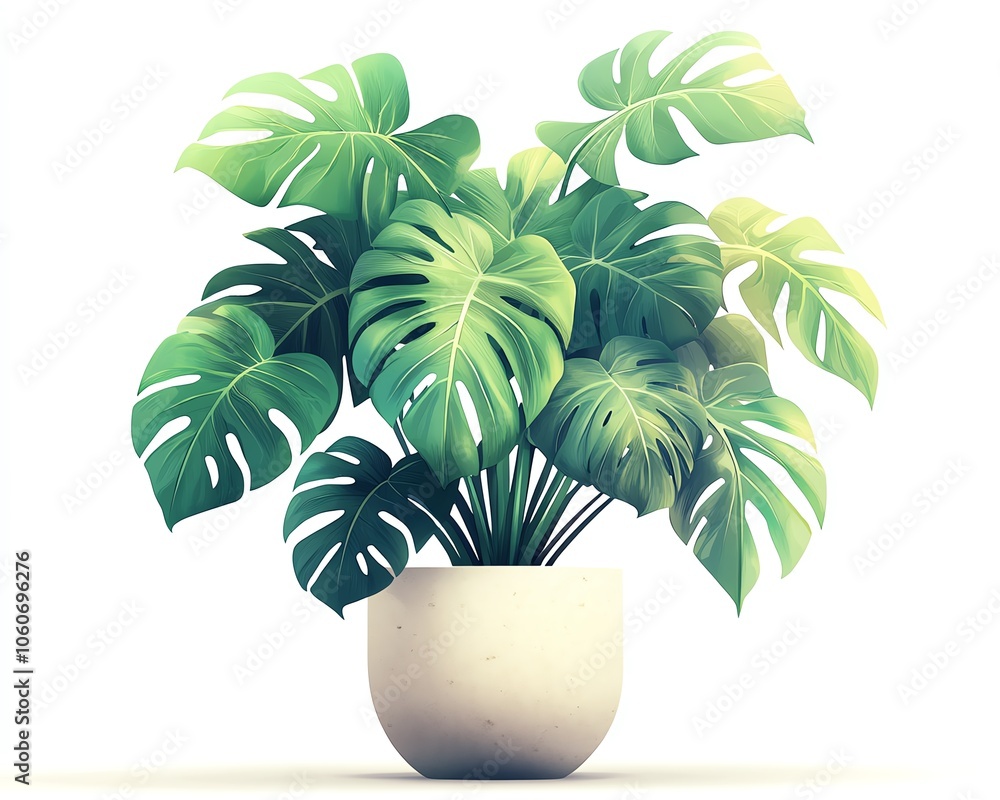 Illustration of a lush tropical monstera plant elegantly displayed in a contemporary pot Illustration of a lush tropical monstera plant elegantly displayed in a contemporary pot