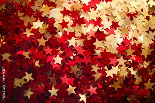 Festive red and gold stars confetti scattered on vibrant background ideal for celebrations and events. dynamic illustration. star pattern wallpaper. Abstract textured backdrop for digital projects