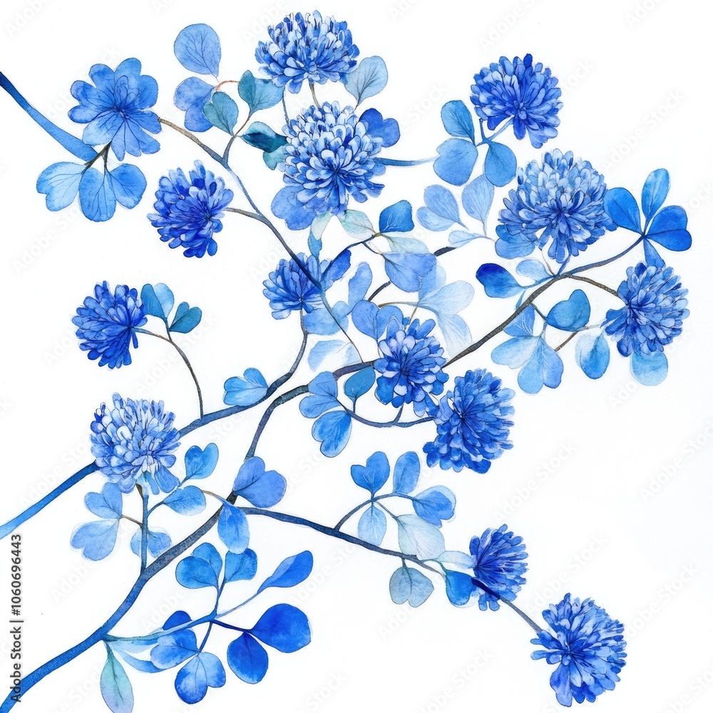 Blue Floral Botanical Pattern with Clover Leaves and Pink Blossoms Blue Floral Botanical Pattern with Clover Leaves and Pink Blossoms
