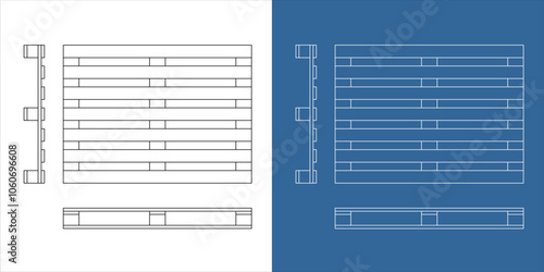 Set Wooden pallet vector technical drawing blueprint line illustration isolated on transparent background.