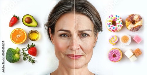 Comparison of a part of the face with healthy well-maintained skin and a part of the face with skin damaged by exposure to sugar and sweets