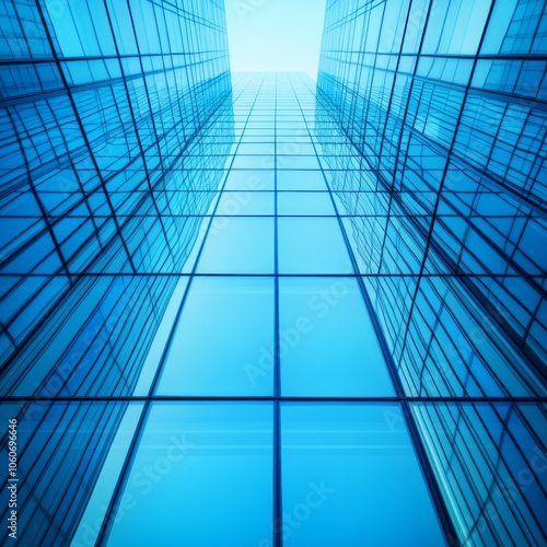 A low angle view of a modern office building, with the sky visible through the glass facade.