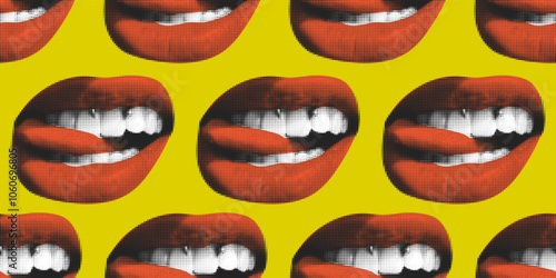 Seamless pattern with woman lips. Contemporary art collage with female open mouth. Female halftone lips with tongue and piercing.Trendy vector pieces.