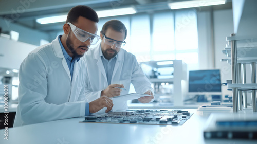 Engineers two men in robes work bent over a circuit board in a technical lab