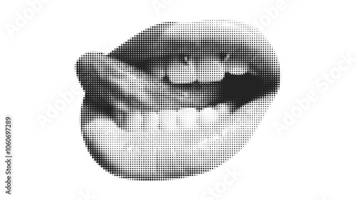 Contemporary art collage with female open mouth. Female halftone lips with tongue and piercing. Creative collage in Y2K style for social media, card, print on clothes.