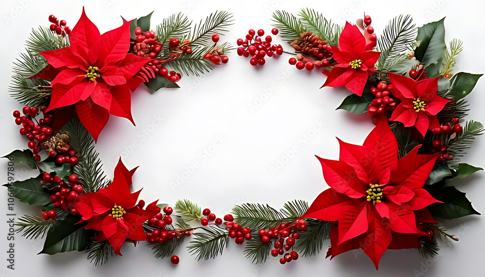 frame red poinsettia flower christmas tree berries white background space text flat top layout setting frame red poinsettia flower christmas tree berries white background space text flat top layout setting