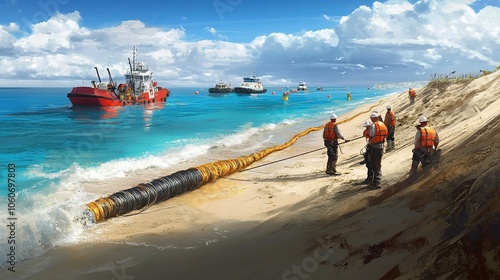  Engineers installing underground cables along a mountain path to support renewable energy sources like wind turbines in the distance. The rugged terrain makes the work challenging, with cable reels