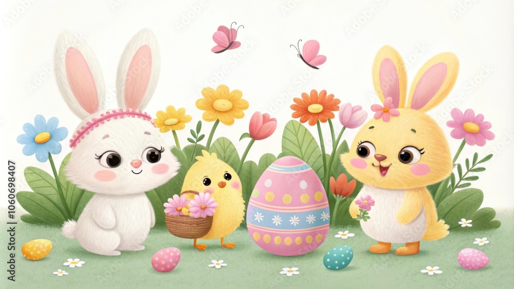 Easter celebration with two bunnies, a chick, and colorful eggs in a beautiful meadow with fluttering butterflies Easter celebration with two bunnies, a chick, and colorful eggs in a beautiful meadow with fluttering butterflies