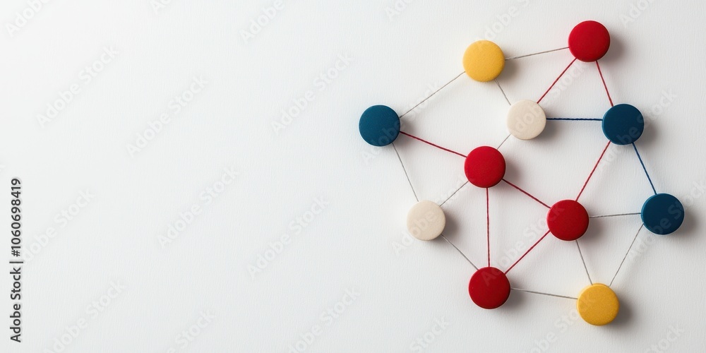 Obraz premium Colorful geometric shapes connected with strings on a white isolated background.