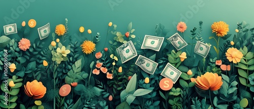 Visual representation of a flourishing financial ecosystem with seeds turning into cash, representing investment success and the essence of personal finance photo