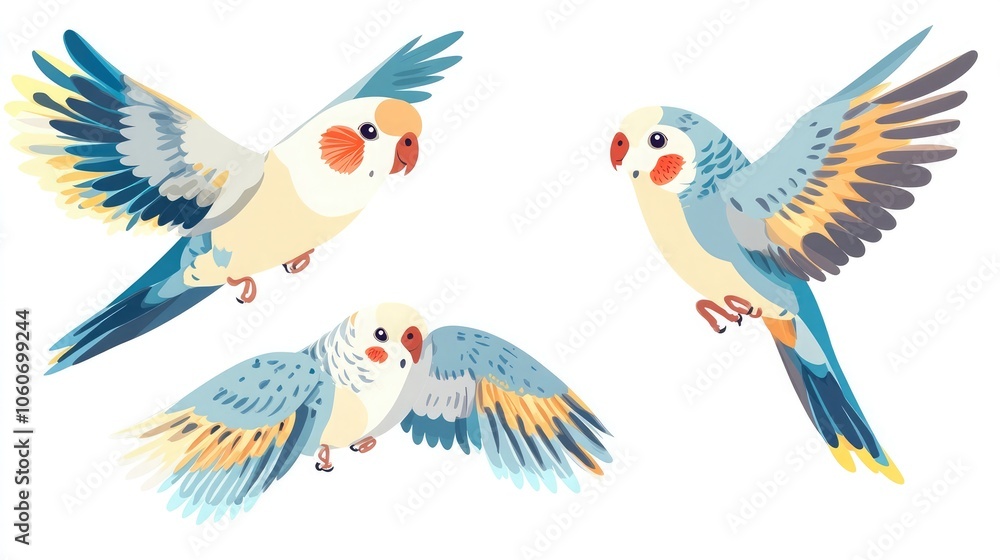 Three colorful parakeets with yellow, blue, and grey feathers fly in a playful, vibrant scene. Three colorful parakeets with yellow, blue, and grey feathers fly in a playful, vibrant scene.