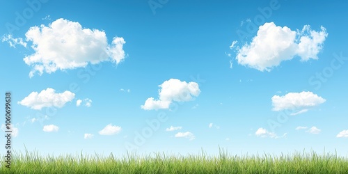 Green grass under a clear blue sky with fluffy white clouds.