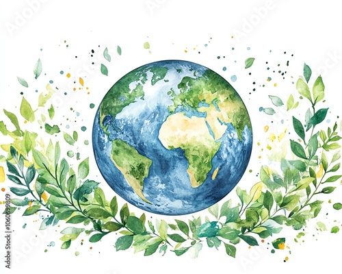 Visual representation of the Earth playfully adorned with vibrant green leaves in a watercolor style, emphasizing the importance of caring for the environment and sustainability