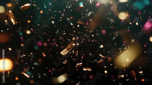 Confetti falls against a black background, with a few golden pieces sparkling in the light.