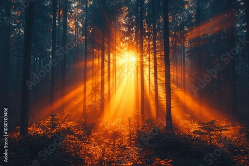 Golden Sunlight Filtering Through a Dense Forest