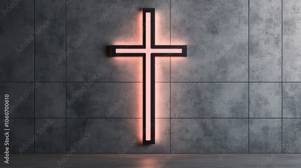 Naklejka premium Illuminated cross on a smooth grey wall, with soft light creating a serene and spiritual atmosphere, ideal for a minimalist, sacred setting