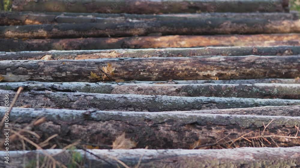 Here is an upclose view showcasing neatly stacked logs that are resting gracefully on the forest floor below them Here is an upclose view showcasing neatly stacked logs that are resting gracefully on the forest floor below them