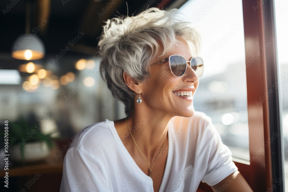 Portrait of a beautiful middle-aged woman with short gray hair wearing sunglasses and smiling. Portrait of a beautiful middle-aged woman with short gray hair wearing sunglasses and smiling.