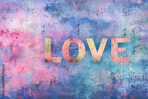 A vibrant abstract artwork features the word love prominently in the center, surrounded by soft hues and musical notes, creating a harmonious visual experience photo