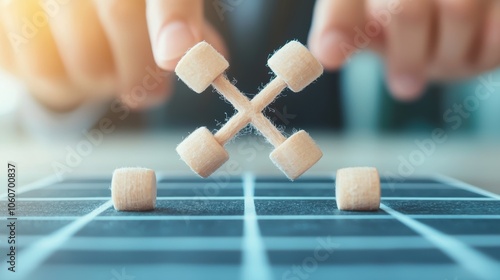 Two hands hovering over a tic tac toe board, with one player about to make the winning move, capturing a moment of suspense and triumph. photo