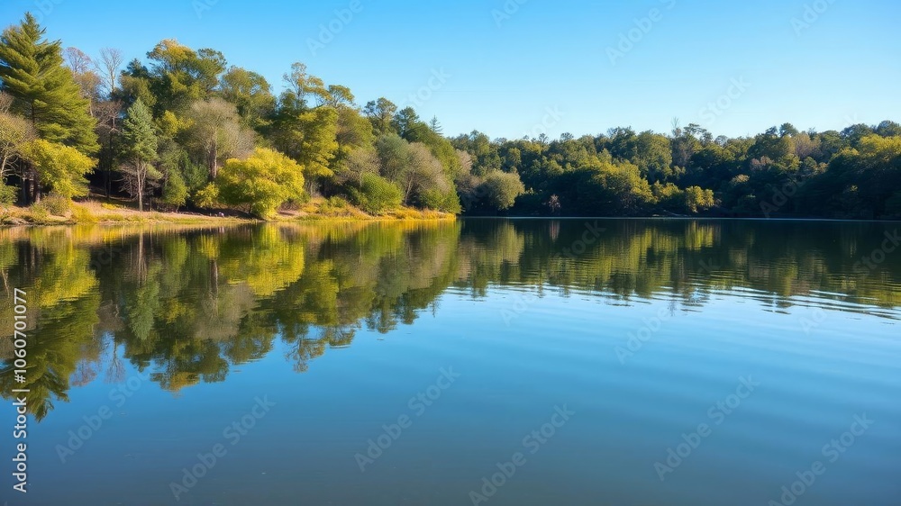 Crystal clear water in a tranquil lake reflecting the surrounding trees and sky, water, sky Crystal clear water in a tranquil lake reflecting the surrounding trees and sky, water, sky