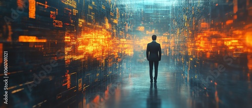 Dynamic 3D visualization of a businessman navigating a virtual environment filled with digital documents, emphasizing modern business practices and innovation