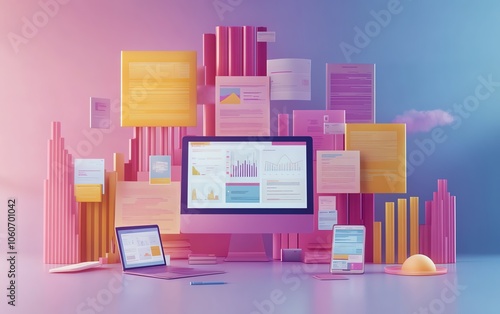 Dynamic 3D visualization of a digital document management system showcasing mobile and laptop interactions, highlighted by an innovative and colorful backdrop