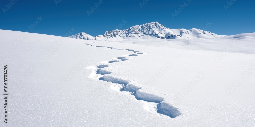 Snowy landscape with footprints leading to distant mountains against a clear blue sky. Snowy landscape with footprints leading to distant mountains against a clear blue sky.