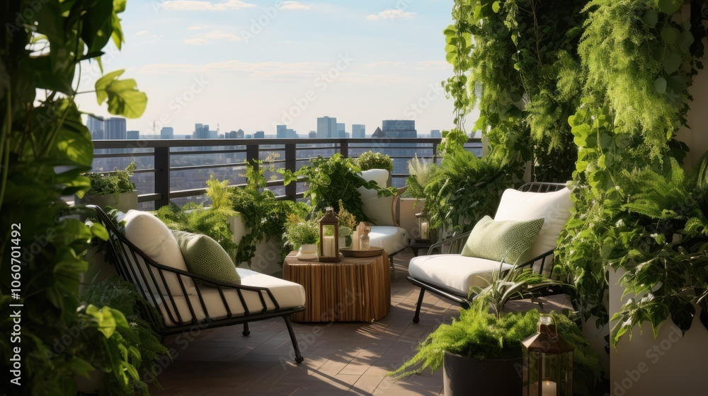 Fototapeta premium An inviting balcony is adorned with lush greenery and plush seating, offering a serene escape within the urban skyline's embrace.