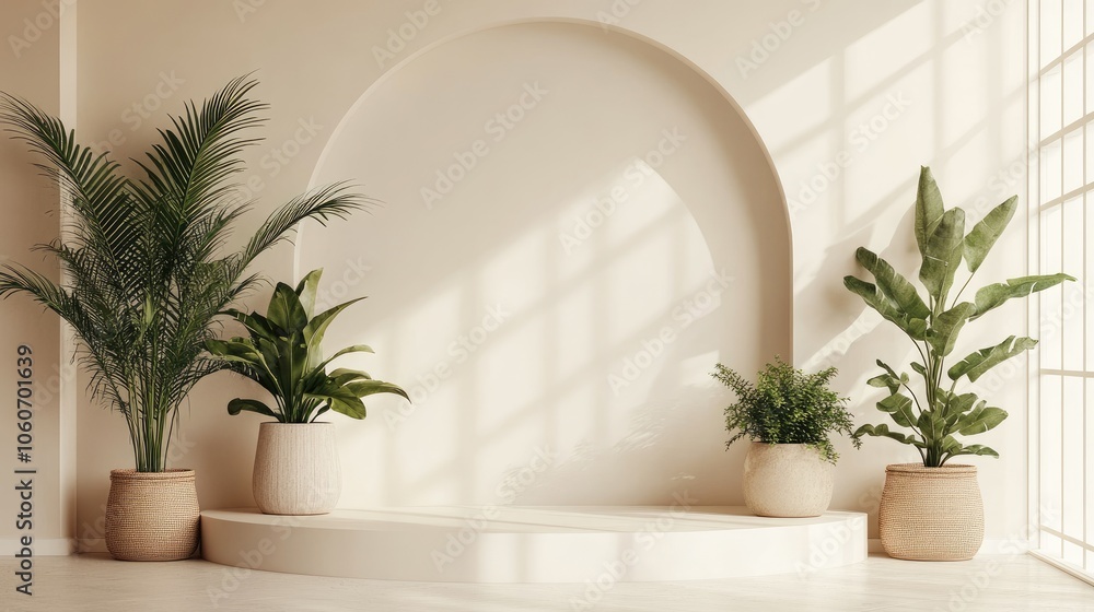Minimalist display area with neutral tones, curved backdrop, and potted plants in a bright, clean environment. Minimalist display area with neutral tones, curved backdrop, and potted plants in a bright, clean environment.
