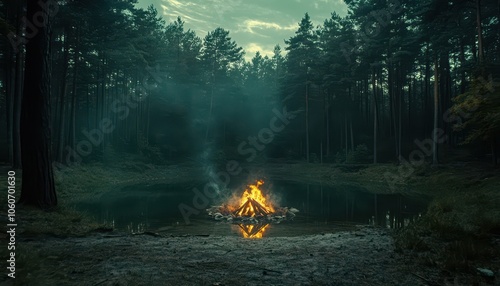 Fototapeta Naklejka Na Ścianę i Meble -  Campfire glowing in the forest by the tranquil lake at dusk