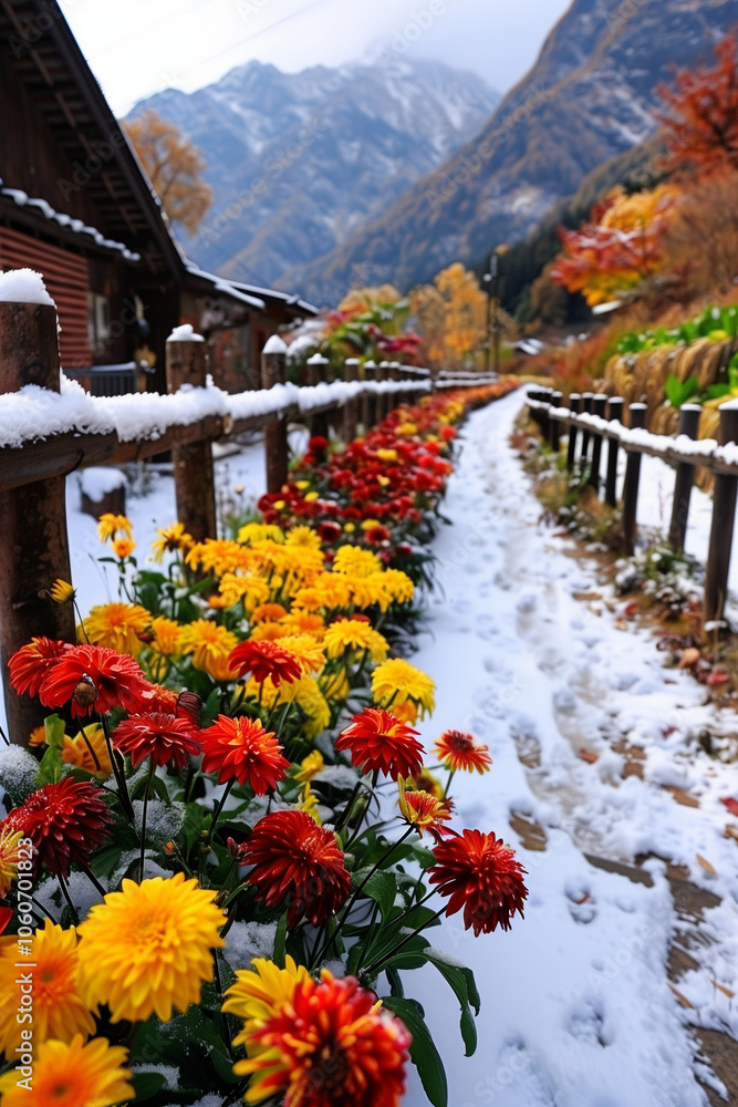 Fototapeta premium Snow-Covered Mountain Courtyard with Outdoor Flowers and Teacups