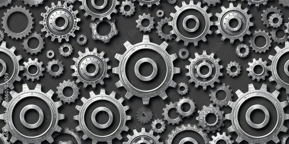 Close-up of a seamless pattern of interlocking gears in various metallic shades, perfect for use as a cog wallpaper, pattern, industrial Close-up of a seamless pattern of interlocking gears in various metallic shades, perfect for use as a cog wallpaper, pattern, industrial
