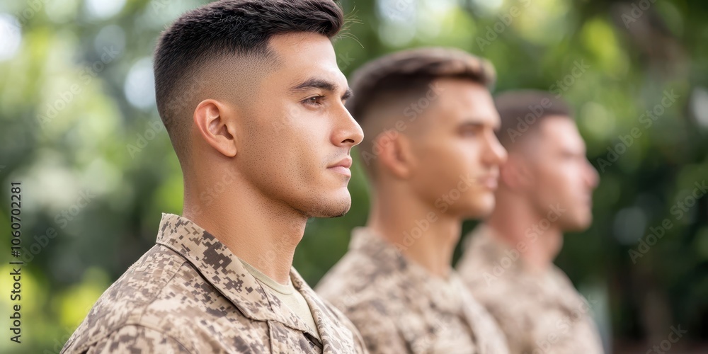 Three military personnel standing in formation, focused expressions. Three military personnel standing in formation, focused expressions.