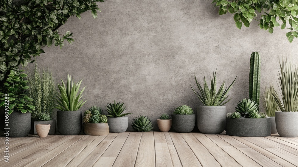 Fototapeta premium Minimalist interior featuring a soft curved backdrop with succulents and modern potted plants for a fresh look.