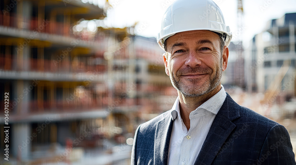 A construction site manager stands proudly with a helmet, overseeing a large urban construction project. The background reveals active workers and machinery under a clear sky A construction site manager stands proudly with a helmet, overseeing a large urban construction project. The background reveals active workers and machinery under a clear sky