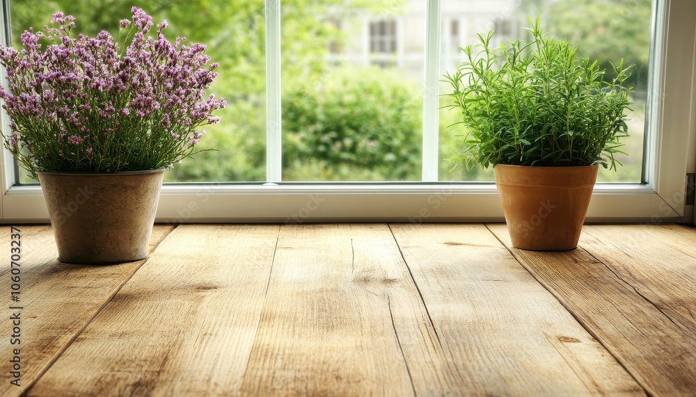Fototapeta premium Serene kitchen view with empty wooden tabletop and potted herbs by the window