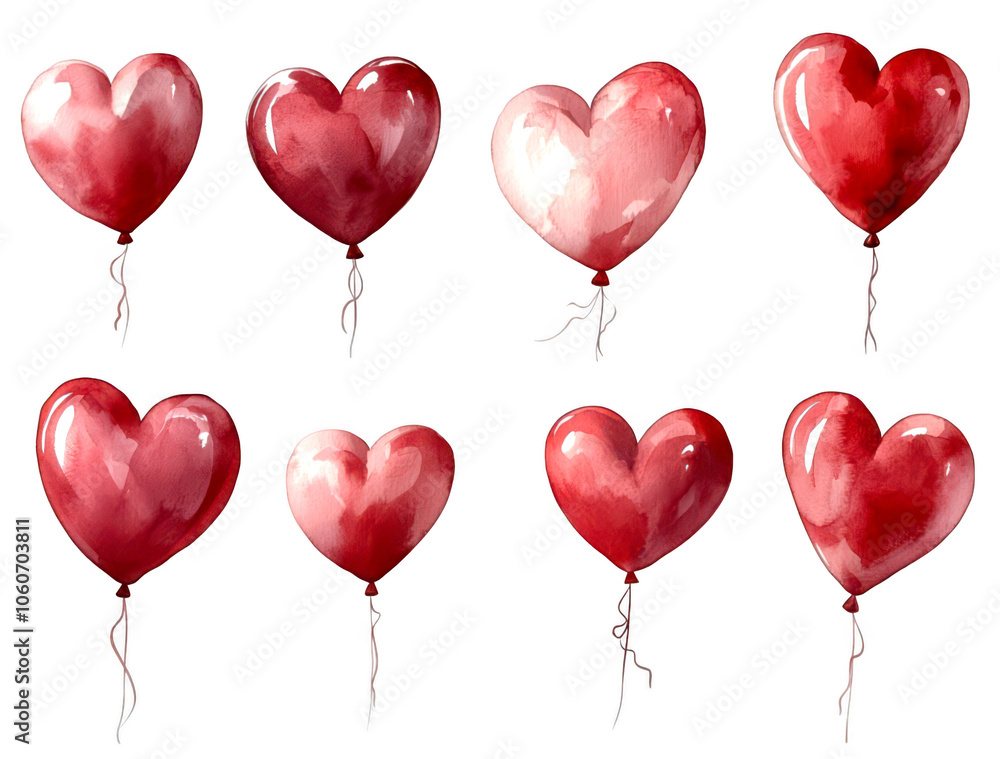 Set of Heart shaped balloons isolate on transparent background, cutout, png, watercolor concept Set of Heart shaped balloons isolate on transparent background, cutout, png, watercolor concept