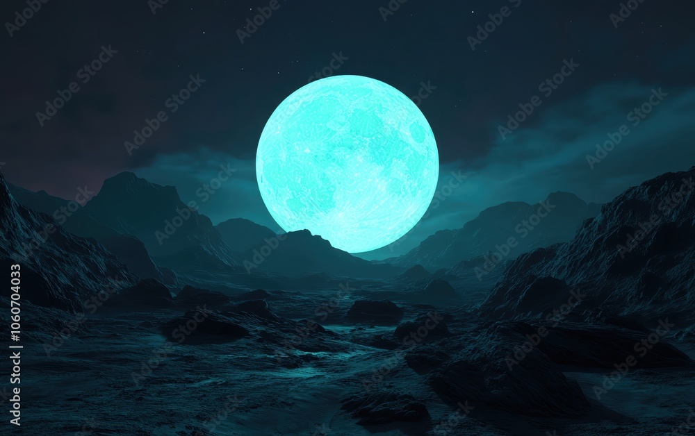 Naklejka premium Surreal landscape featuring a glowing blue moon over rocky terrain with dark clouds, evoking a dreamlike atmosphere.