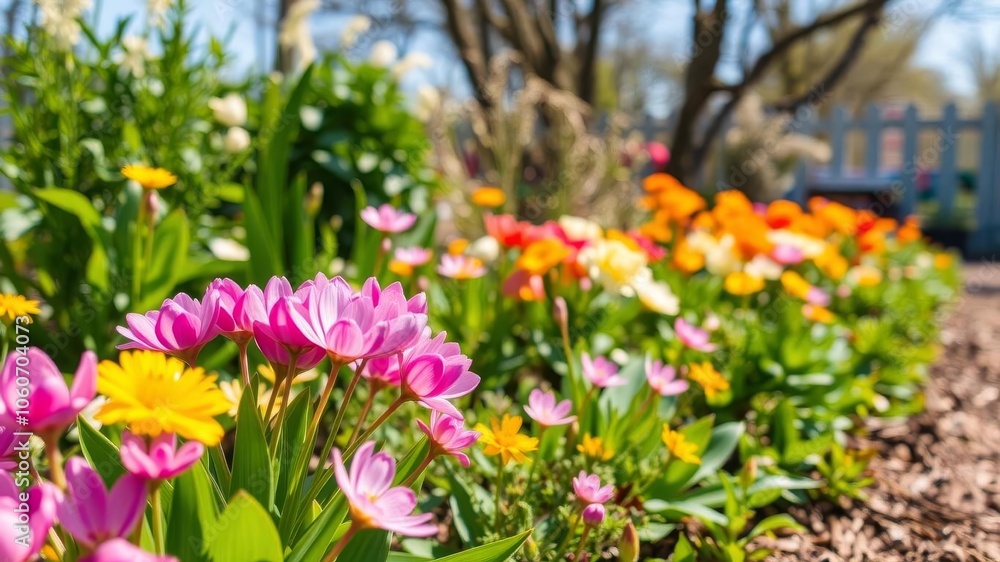 Beautiful blooming flowers in a lush spring garden, with vibrant colors and fresh green leaves, natural, vibrant Beautiful blooming flowers in a lush spring garden, with vibrant colors and fresh green leaves, natural, vibrant