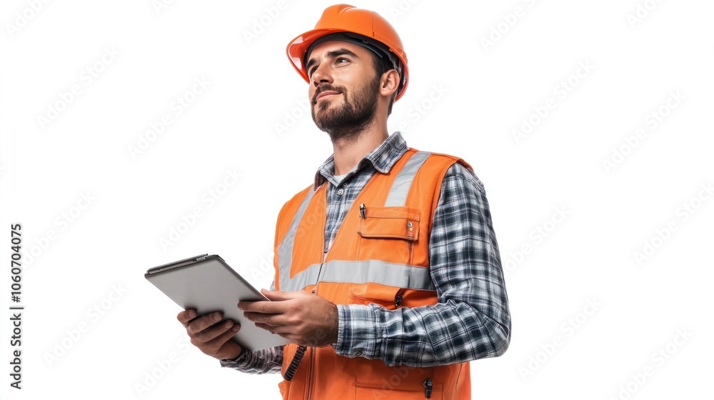 Engineer portrait at a construction site, holding a notebook and tablet, isolated on a white background Engineer portrait at a construction site, holding a notebook and tablet, isolated on a white background